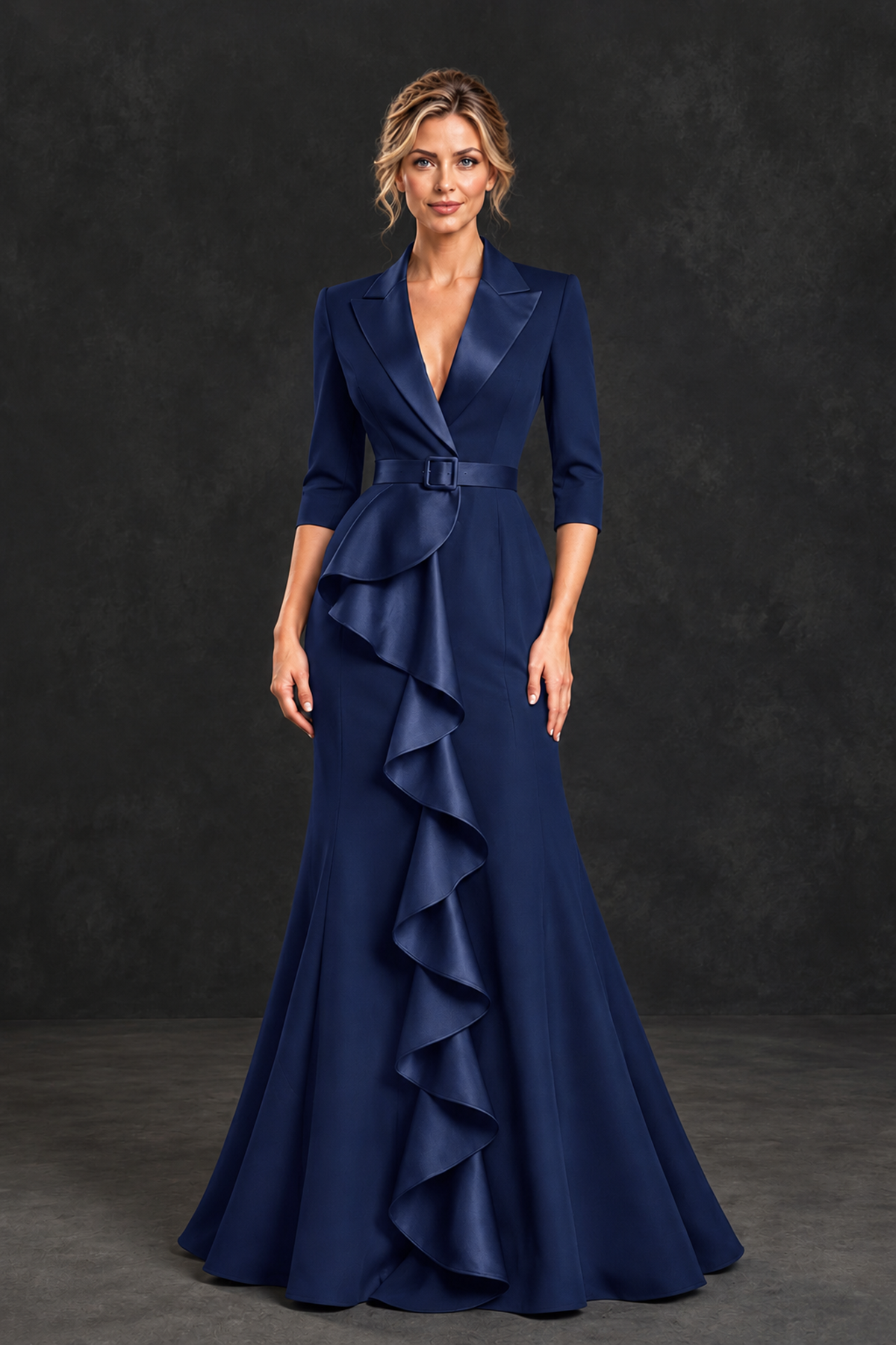 BOLODOO Navy Blue Lapel Ruffle Mother of the Bride Dress with Belt - Navy Blue - Navy Blue_1