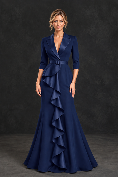 BOLODOO Navy Blue Lapel Ruffle Mother of the Bride Dress with Belt - Navy Blue - Navy Blue_1