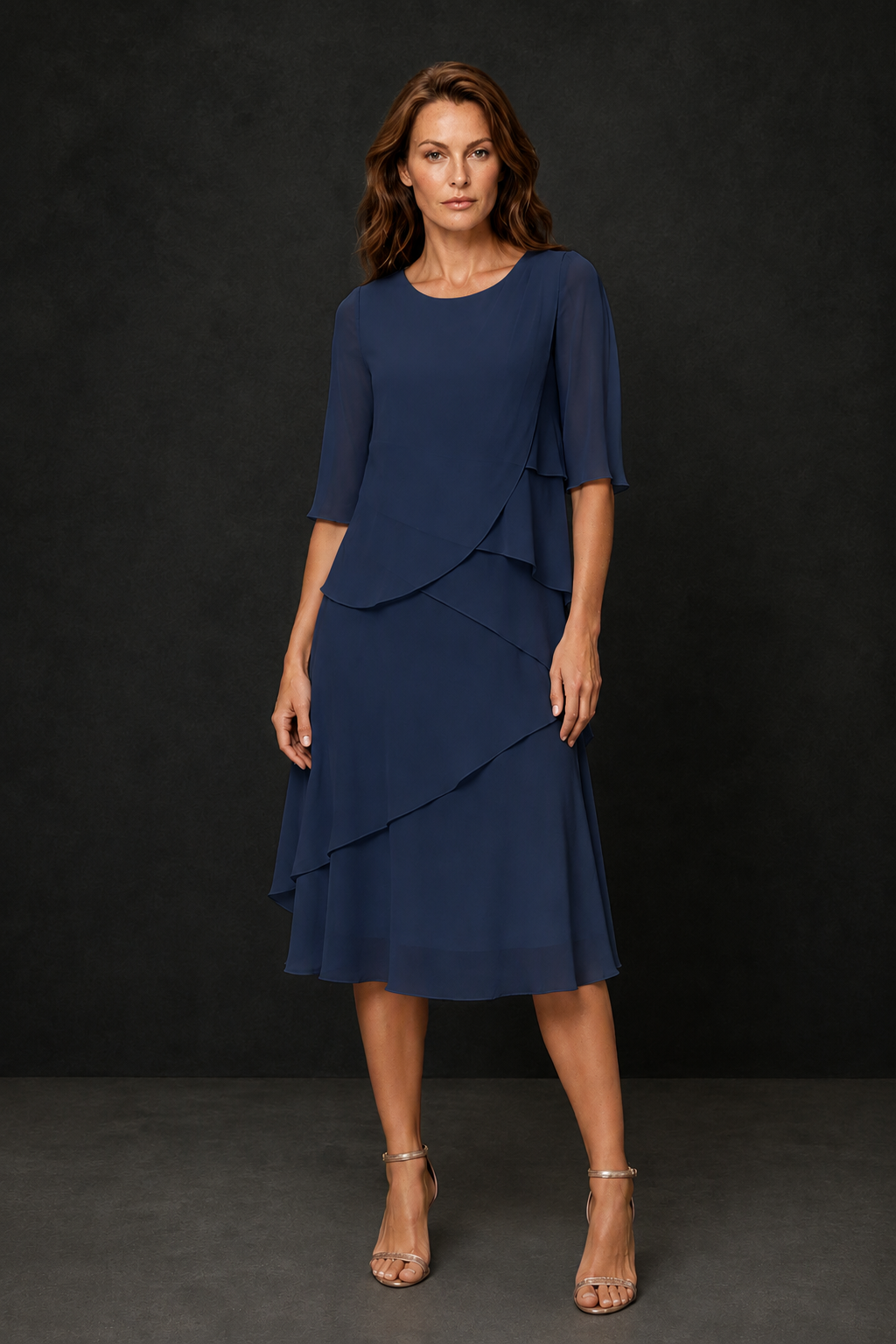 BOLODOO Navy Blue Chiffon 3/4 Sleeve Asymmetric Tiered Tea Length Dress | Mother of the Bride Midi Dress - Navy Blue