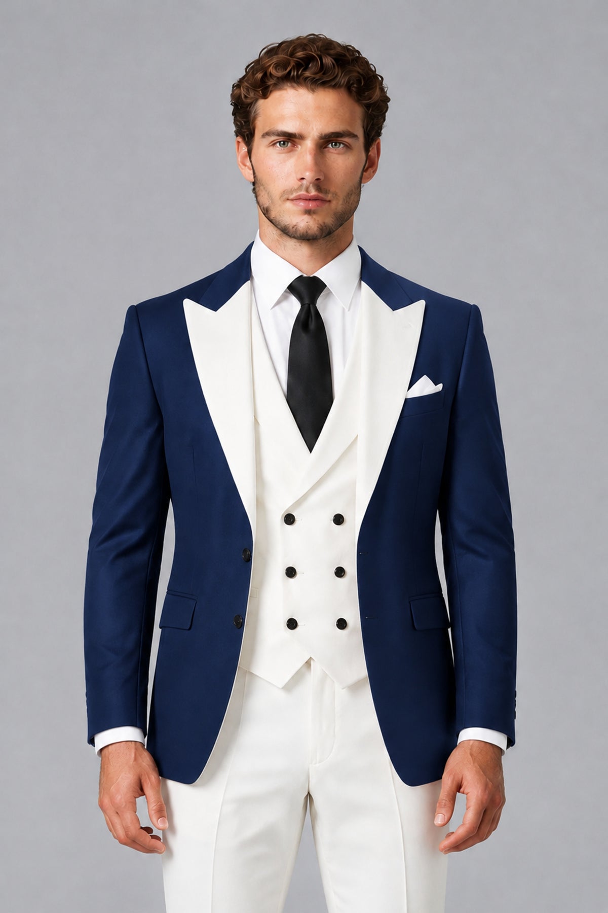 BOLODOO Men's Navy Blue Satin 3-Piece Suit | Blazer, Vest & Trousers Set - Navy Blue - Navy Blue_1