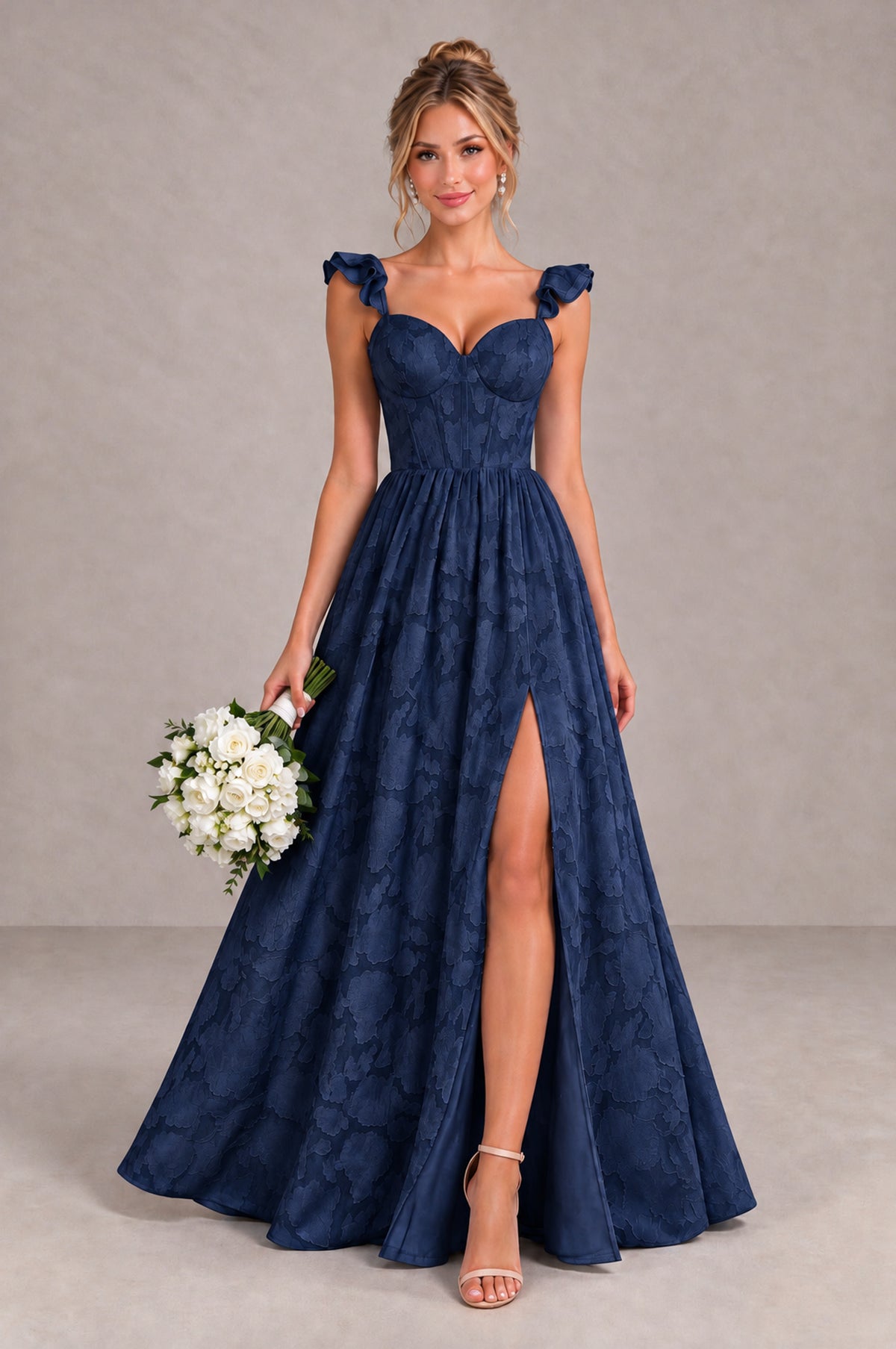 BOLODOO Navy Blue Floral A-Line Bridesmaid Dress with Slit Ruffle Straps Maxi Gown - Navy Blue - Navy Blue_1