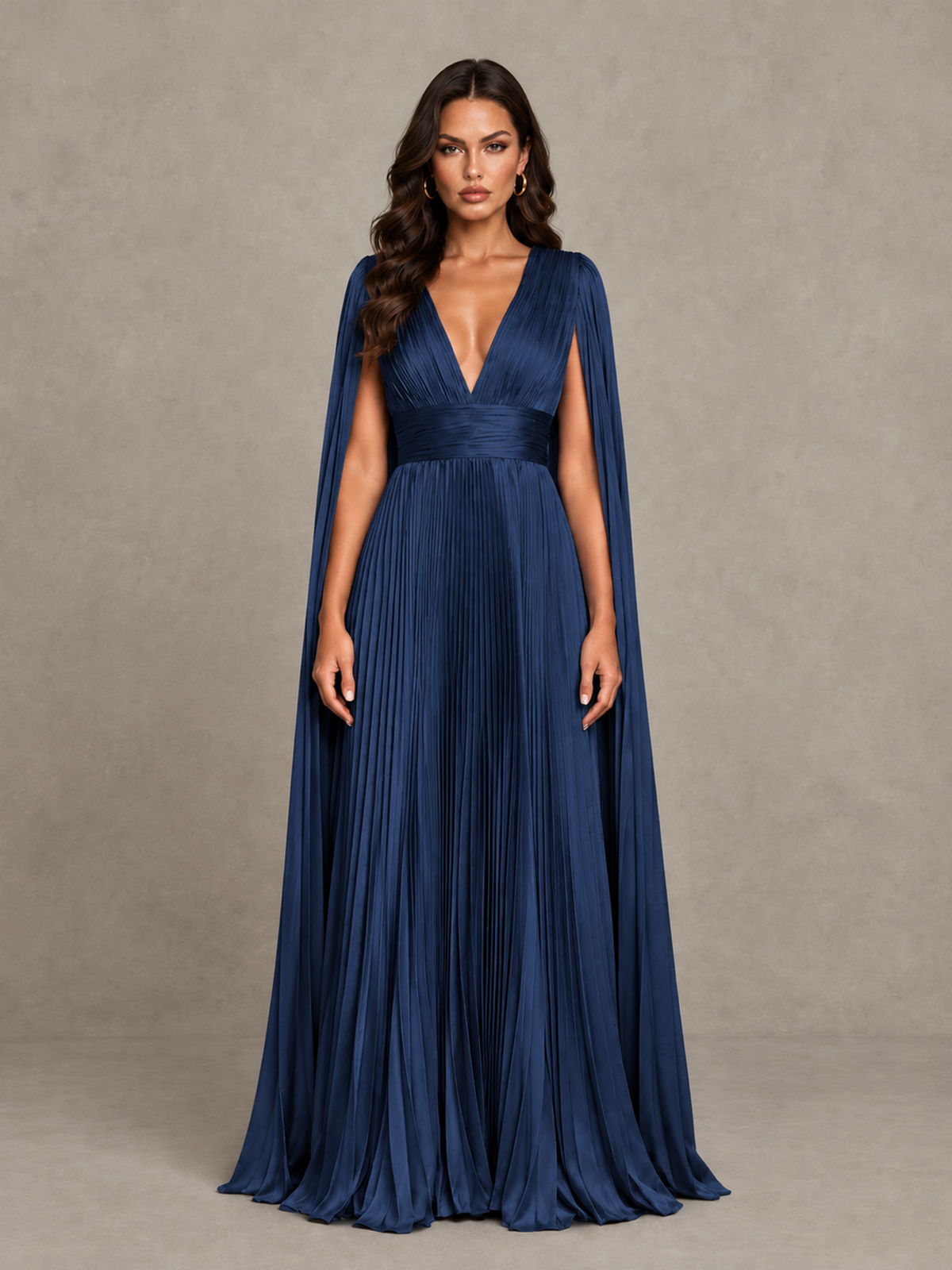 BOLODOO Navy Blue Deep V-Neck Pleated Cape Sleeve Evening Gown - Navy Blue - Navy Blue_1