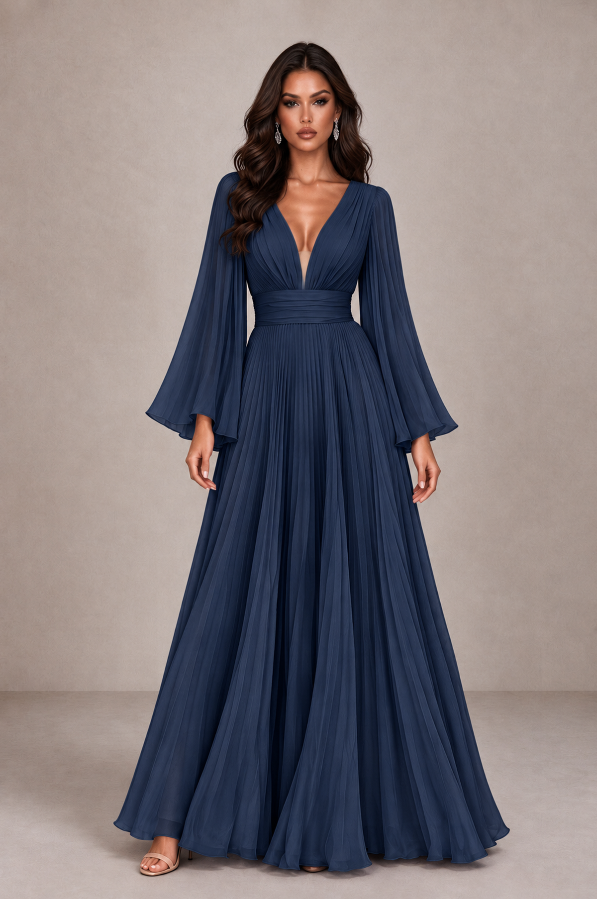 BOLODOO Navy Blue Pleated Deep V-Neck Long Bell Sleeve Evening Dress - Navy Blue - Navy_Blue_1