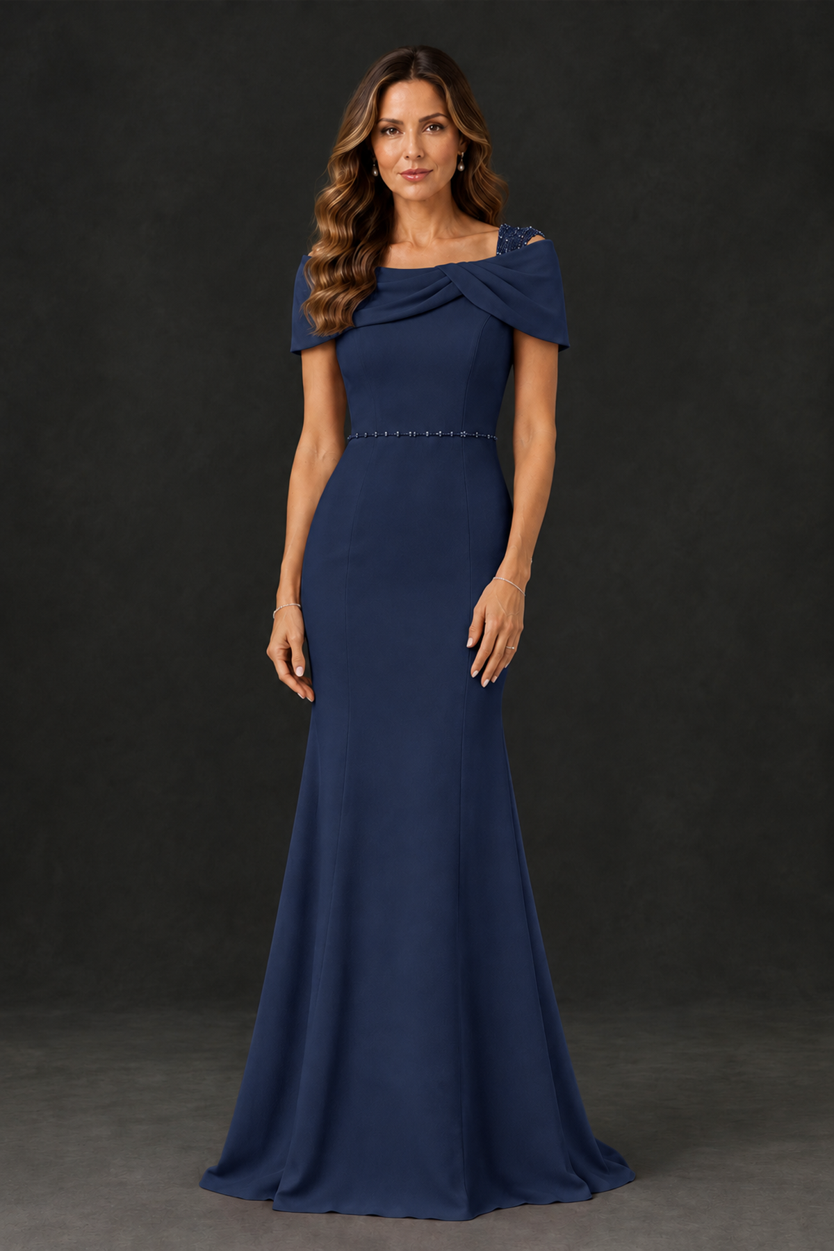 BOLODOO Navy Blue Mother of the Bride Dress with Draped Cape Detail - Navy Blue - Navy_Blue_1