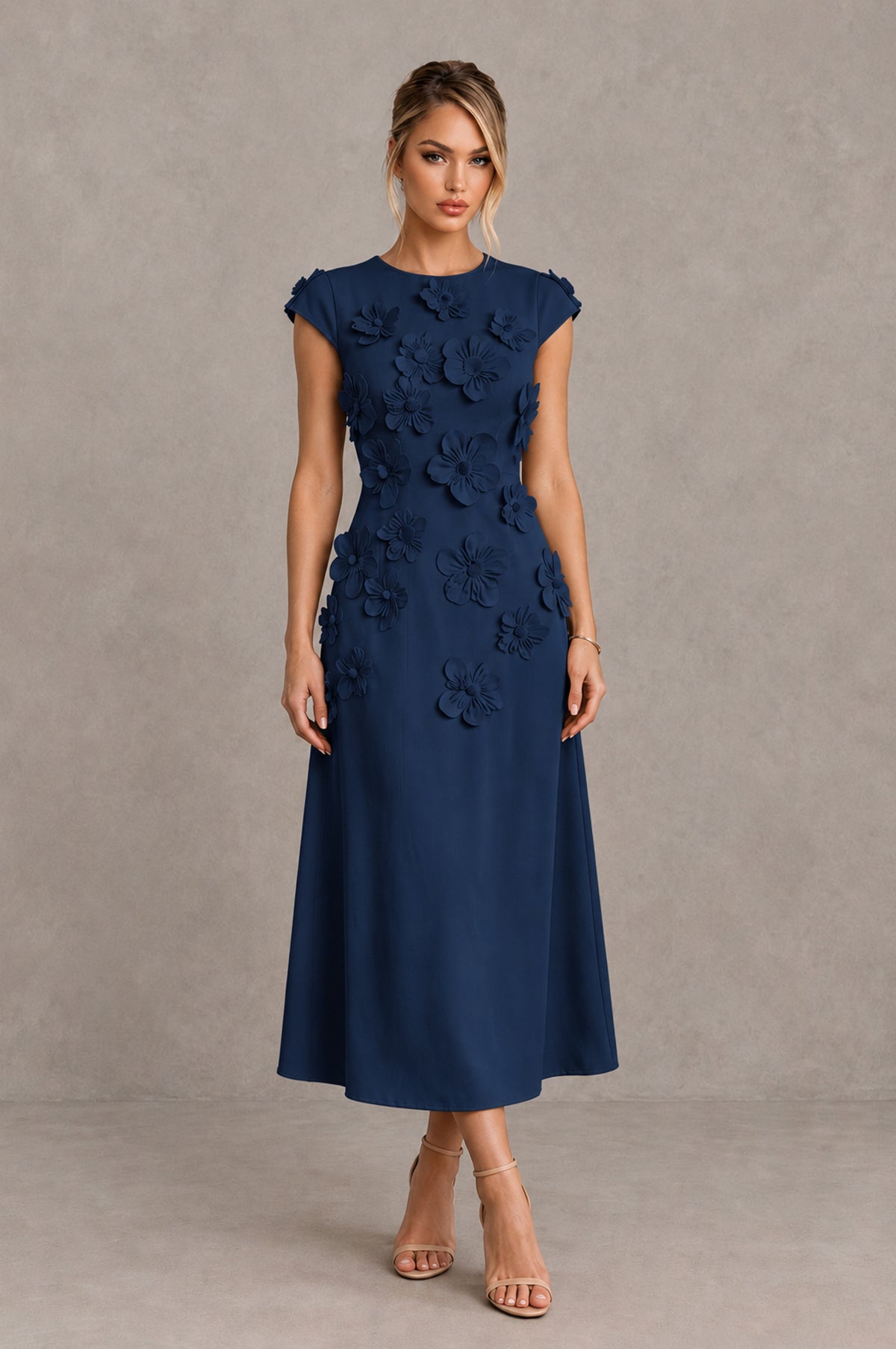 BOLODOO Navy Blue 3D Floral Cap Sleeve Midi Cocktail Dress - Navy Blue - Navy Blue_1