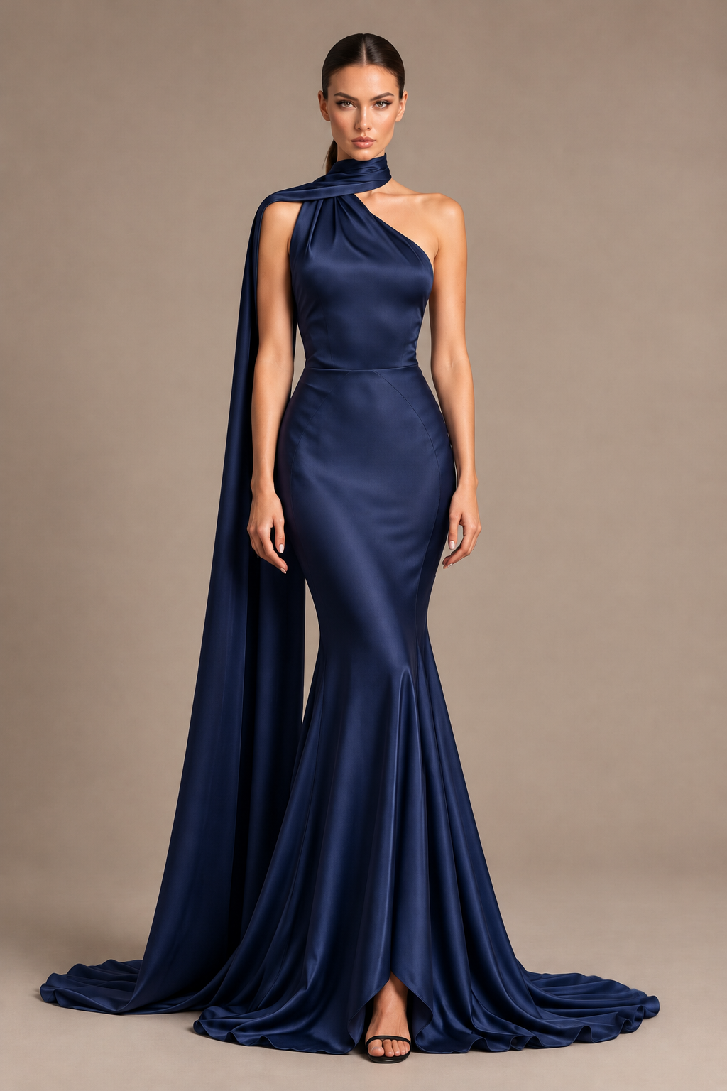 BOLODOO Navy Blue One-Shoulder Satin Mermaid Evening Dress with Scarf - Navy Blue - Navy Blue_1