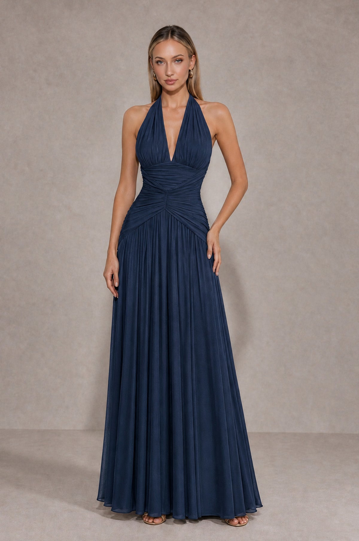 BOLODOO Navy Blue Chiffon Halter Deep V-Neck Ruched A-Line Backless Maxi Dress with Train-BD0167 - Navy Blue - Navy Blue_1