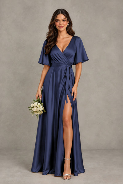 BOLODOO Navy Blue Satin V-Neck Flutter Sleeve Bridesmaid Dress with Slit - Navy Blue - Navy Blue(1)