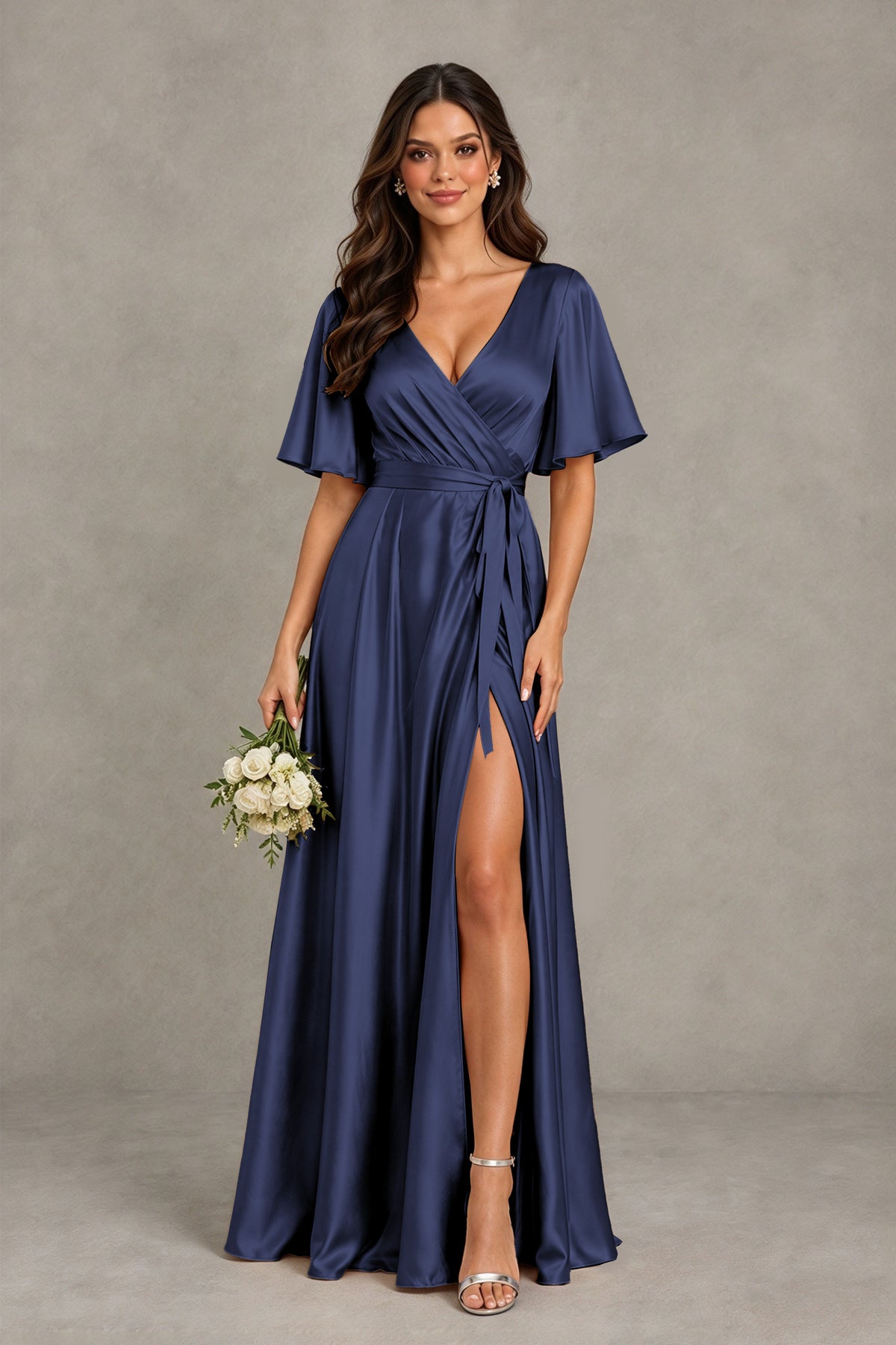 BOLODOO Navy Blue Satin V-Neck Flutter Sleeve Bridesmaid Dress with Slit - Navy Blue - Navy Blue(1)