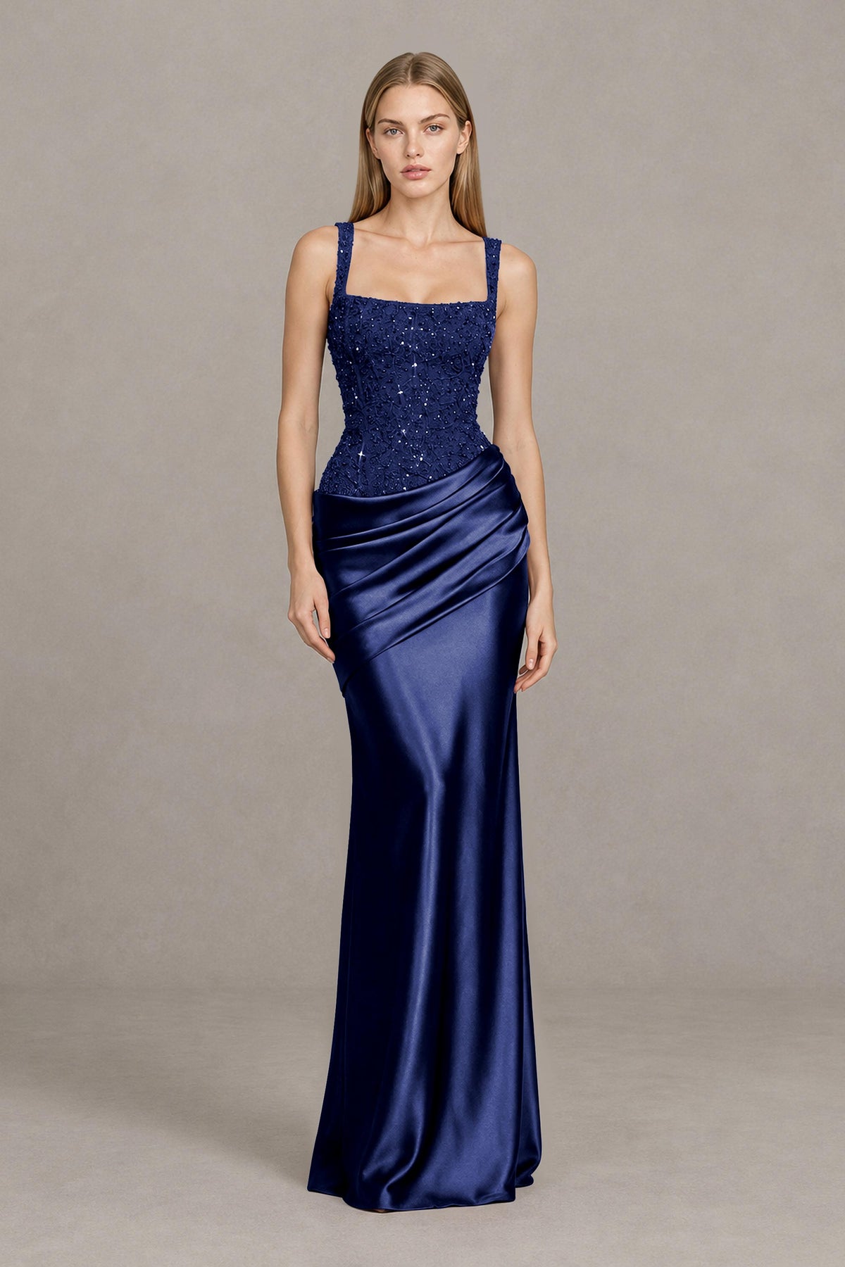 BOLODOO Navy Blue Square Neck Embellished Satin Evening Gown - Navy Blue