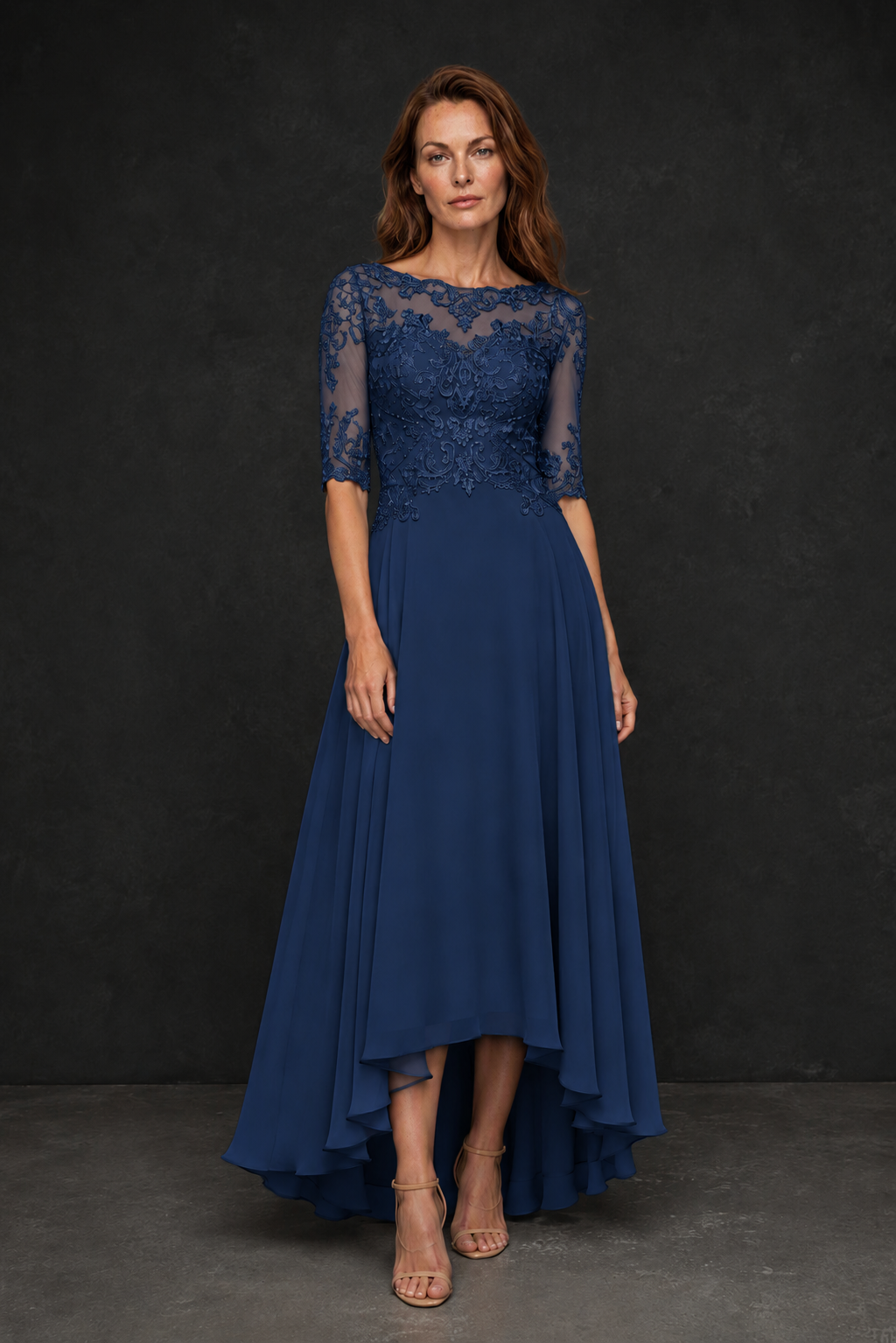 BOLODOO Navy Blue Illusion Lace 3/4 Sleeve Hi-Lo Chiffon A-Line Dress | Mother of the Bride Tea Length Dress - Navy Blue