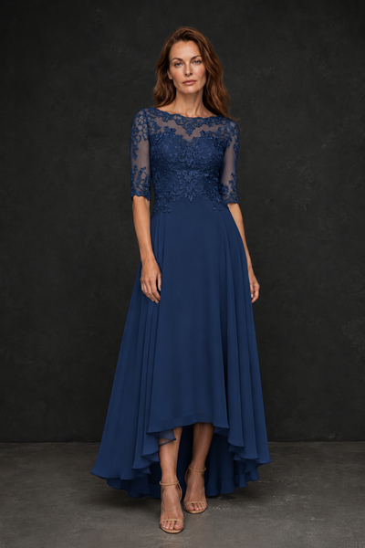 BOLODOO Navy Blue Illusion Lace 3/4 Sleeve Hi-Lo Chiffon A-Line Dress | Mother of the Bride Tea Length Dress - Navy Blue