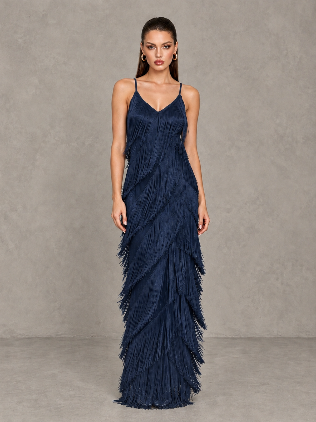BOLODOO Navy Blue V-Neck Spaghetti Strap Fringe Maxi Evening Dress - Navy Blue - Navy Blue_1