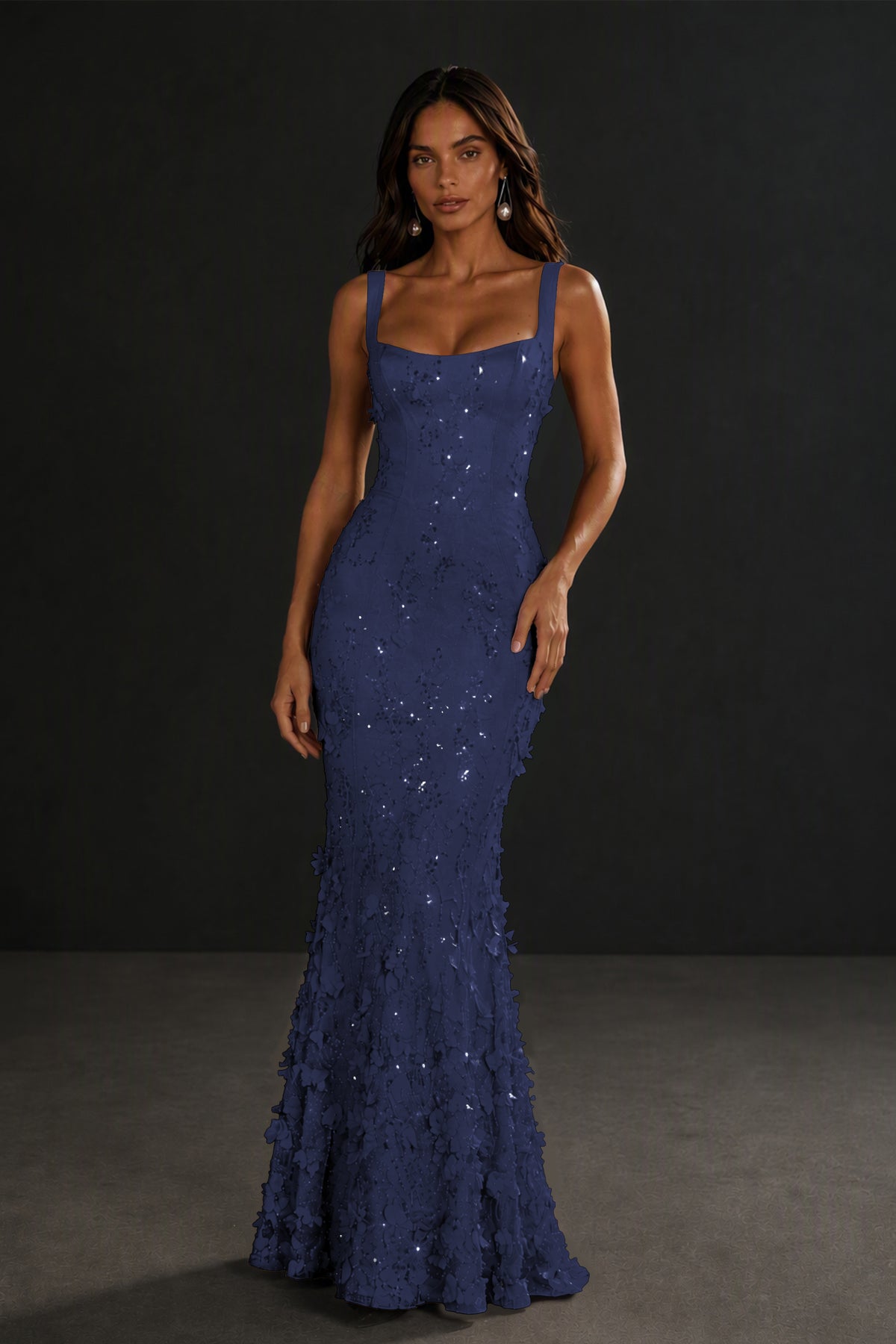 BOLODOO Navy Blue Sequin 3D Floral Mermaid Maxi Gown – Lace-Up Back Formal Dress - Navy Blue