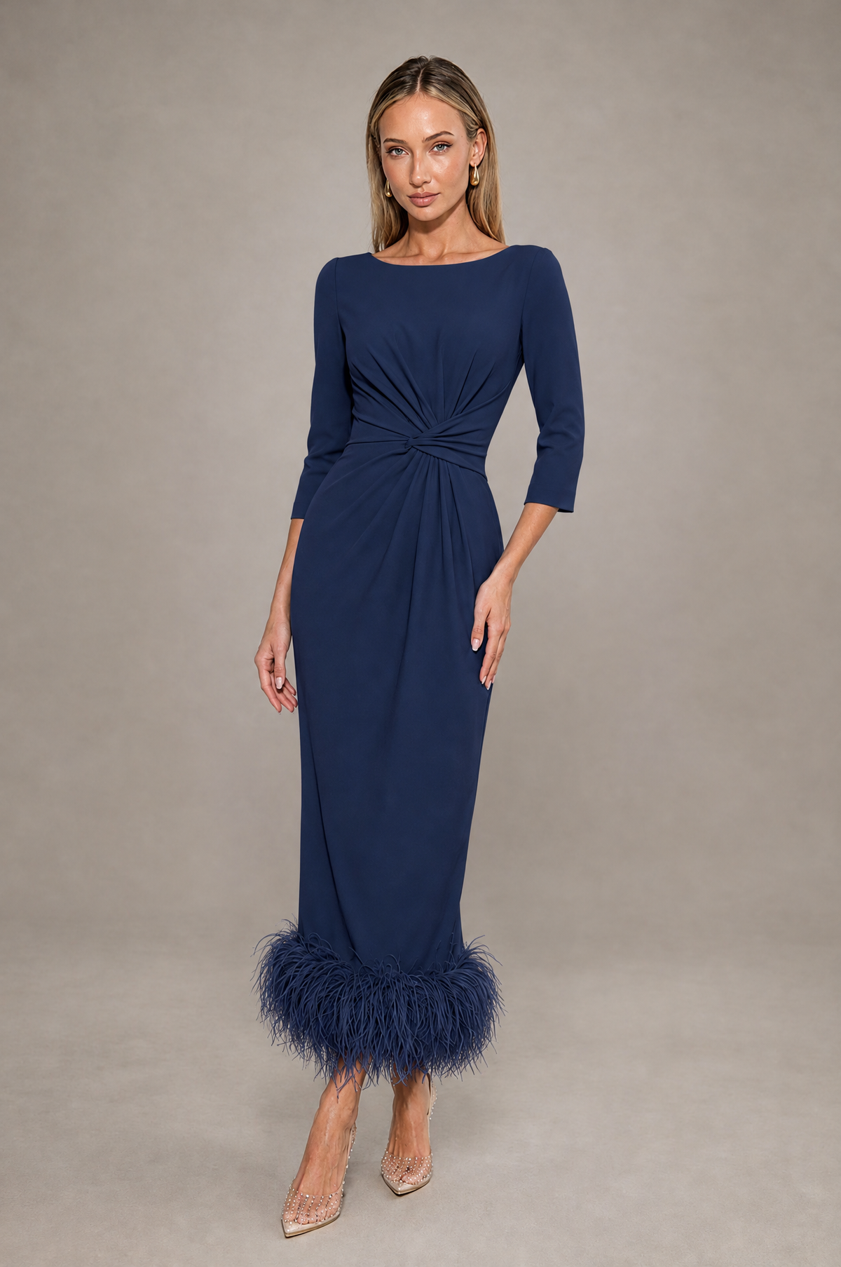 BOLODOO Navy Blue Feather-Trim Twist-Waist Midi Dress - Navy Blue - Navy_Blue_1