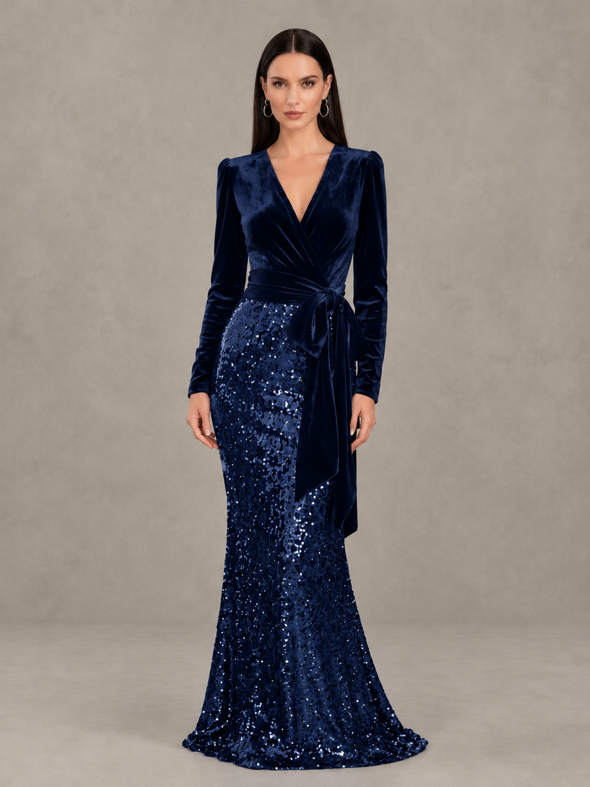 BOLODOO Navy Blue Velvet & Sequin Long Sleeve V-Neck Mermaid Evening Gown - Navy Blue - Navy Blue_1