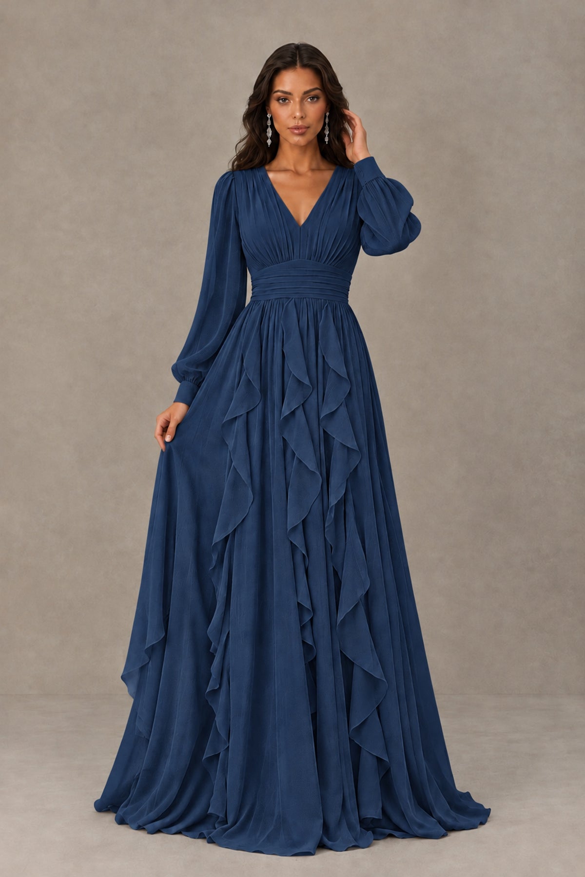 BOLODOO Navy Blue Long Sleeve V-Neck Ruffle Maxi Dress - Navy Blue