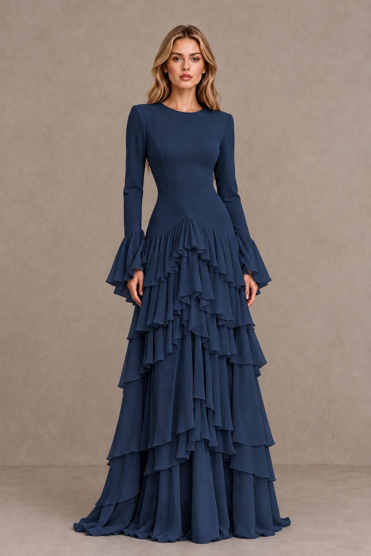 Navy Blue Long Sleeve Tiered Ruffle Evening Gown - Navy Blue - Navy Blue_1
