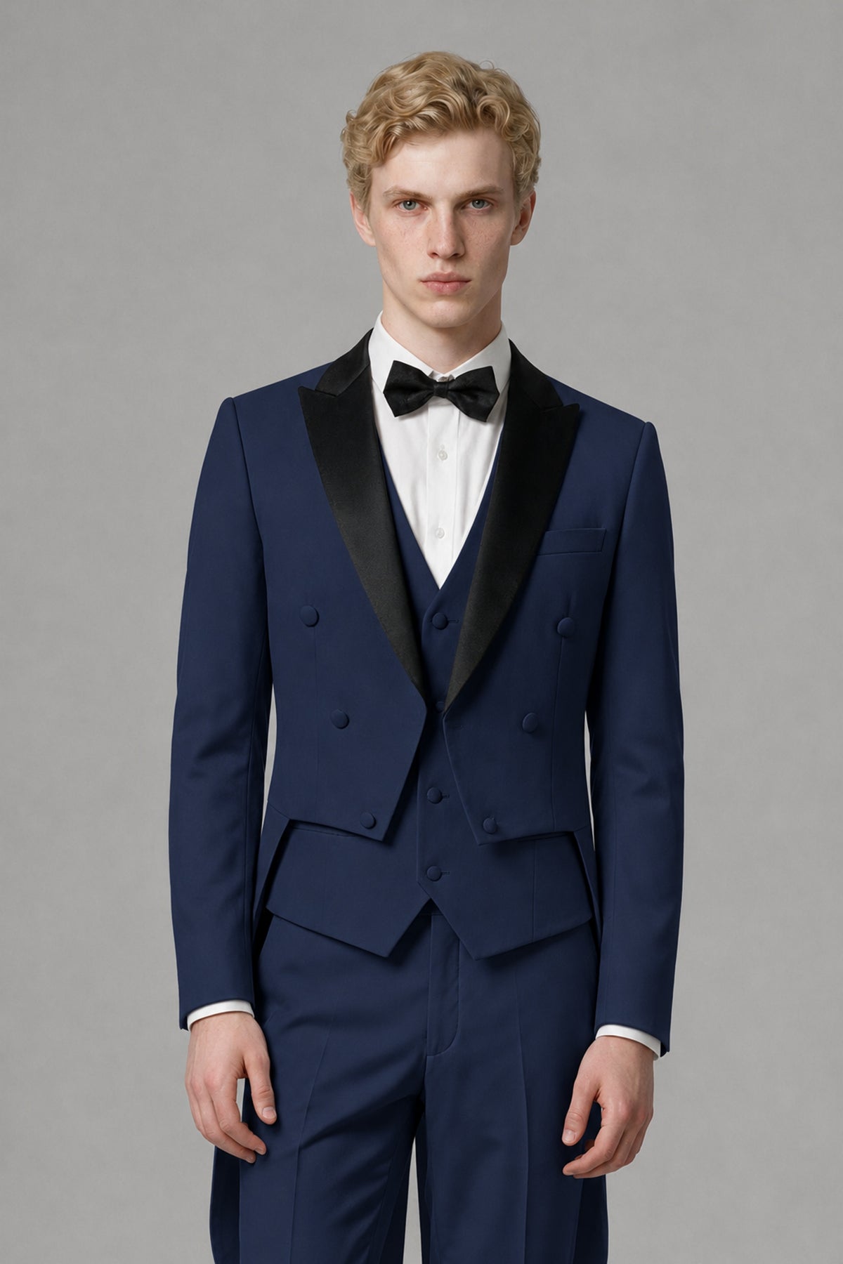 Bolodoo Men's Navy Blue 3-Piece Tailcoat Tuxedo Suit with Vest & Trousers - Navy Blue - Navy Blue_1