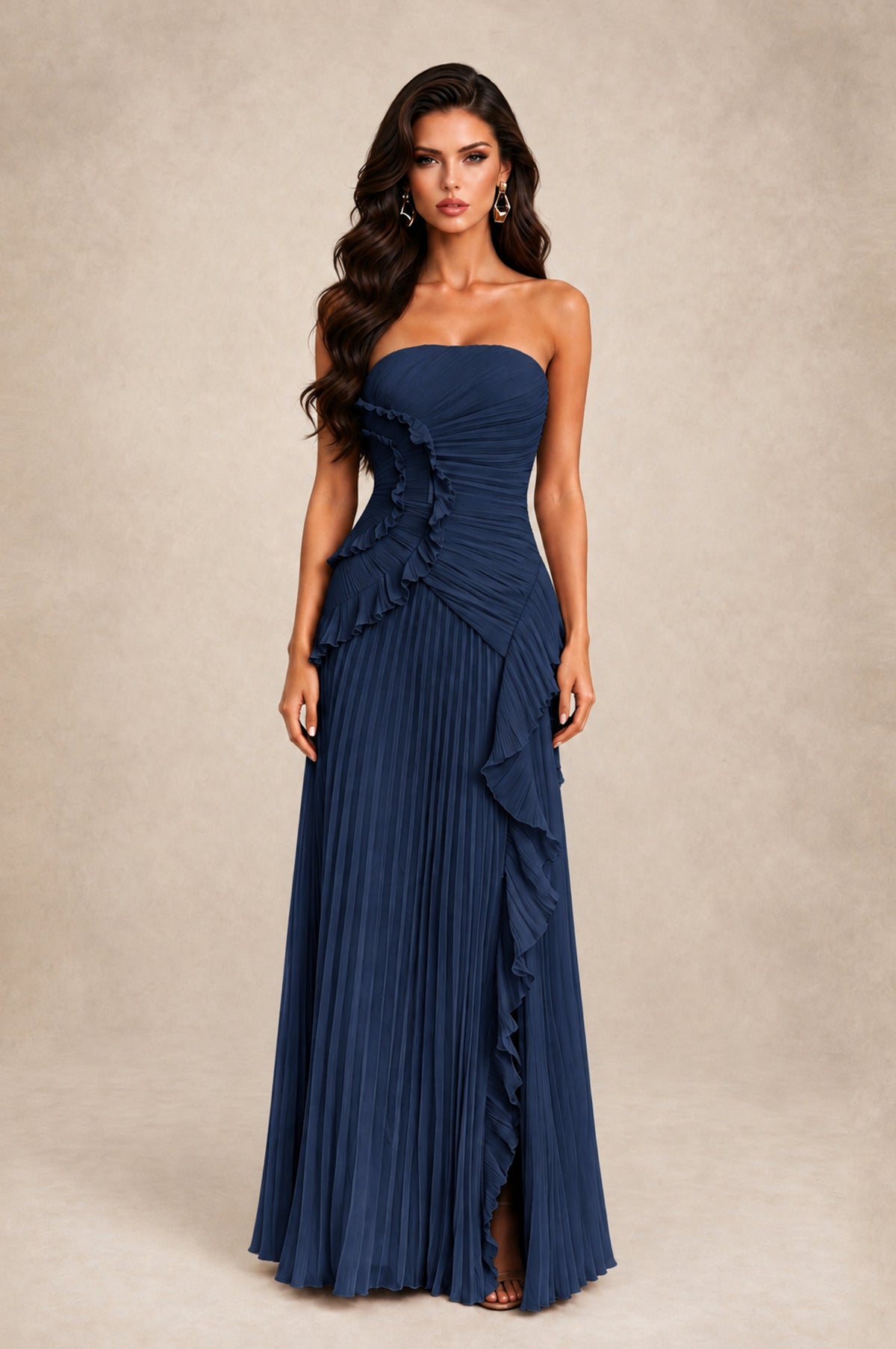 BOLODOO Navy Blue Strapless Ruffle Pleated Slit Evening Gown - Navy Blue - Navy Blue_1
