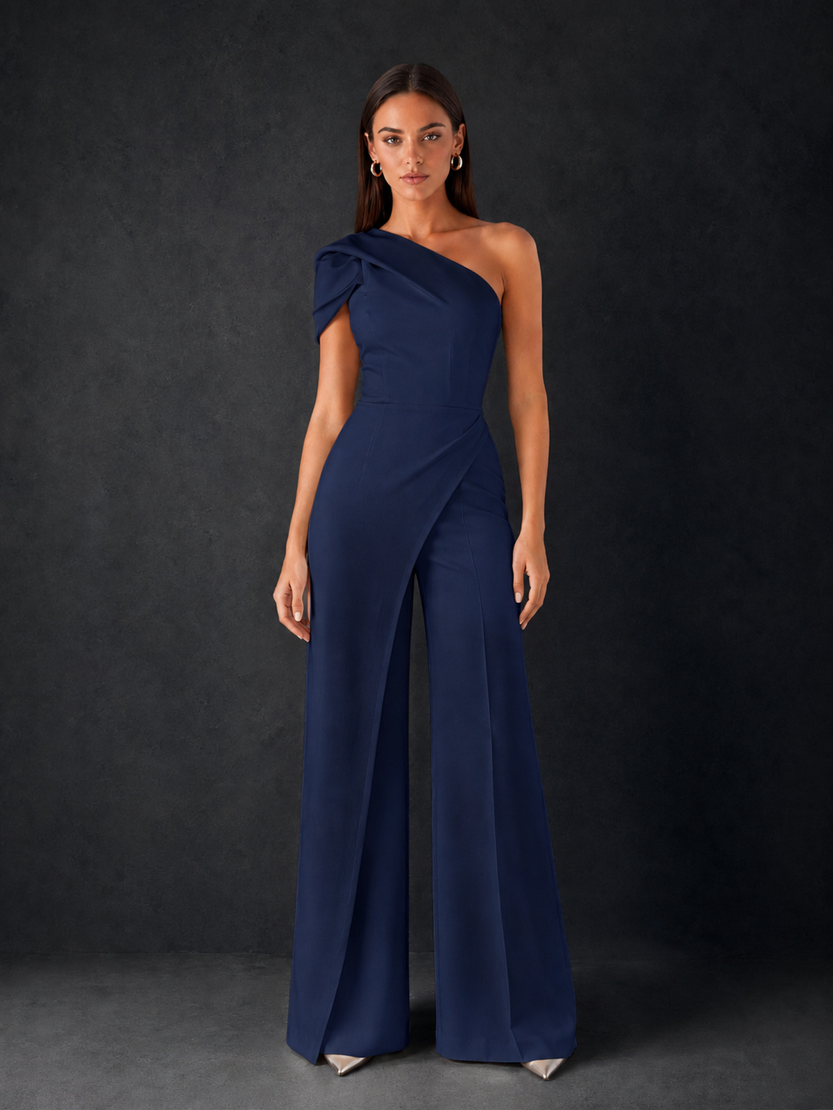 BOLODOO Navy Blue One-Shoulder Puff Sleeve Wide-Leg Jumpsuit with Front Slit and Open Back - Navy Blue