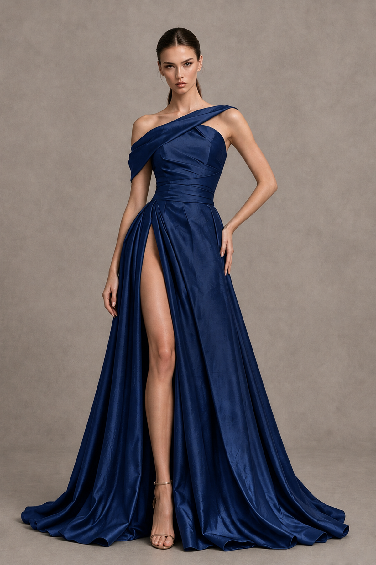 BOLODOO Navy Blue Asymmetric Satin-Look A-Line Prom Dress with High Slit - Navy Blue - Navy Blue_1