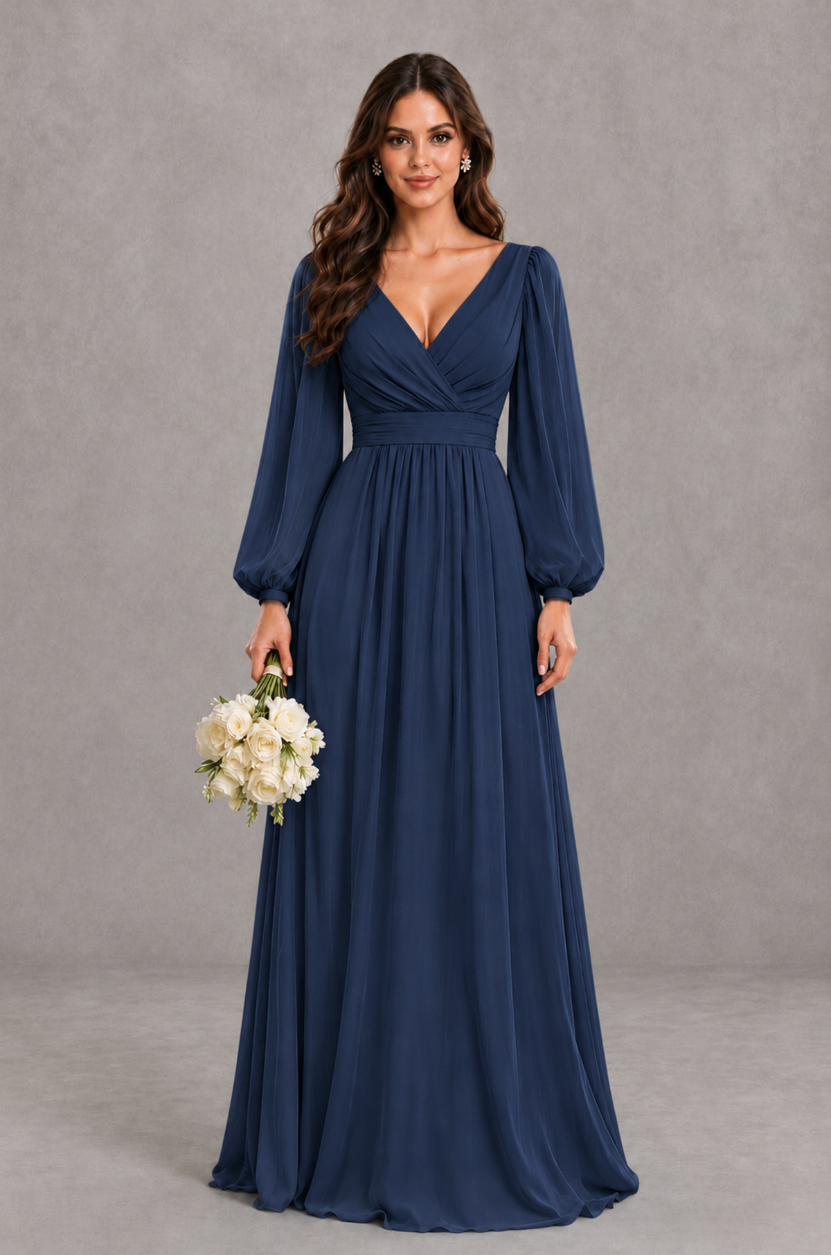 BOLODOO Navy Blue Long Sleeve V-Neck A-Line Bridesmaid Dress - Navy Blue - Navy Blue_1