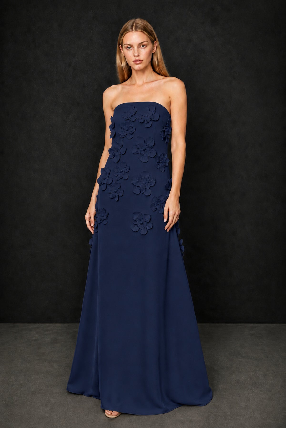 BOLODOO Navy Blue Strapless 3D Floral Appliqué Crepe Maxi Gown - Navy Blue