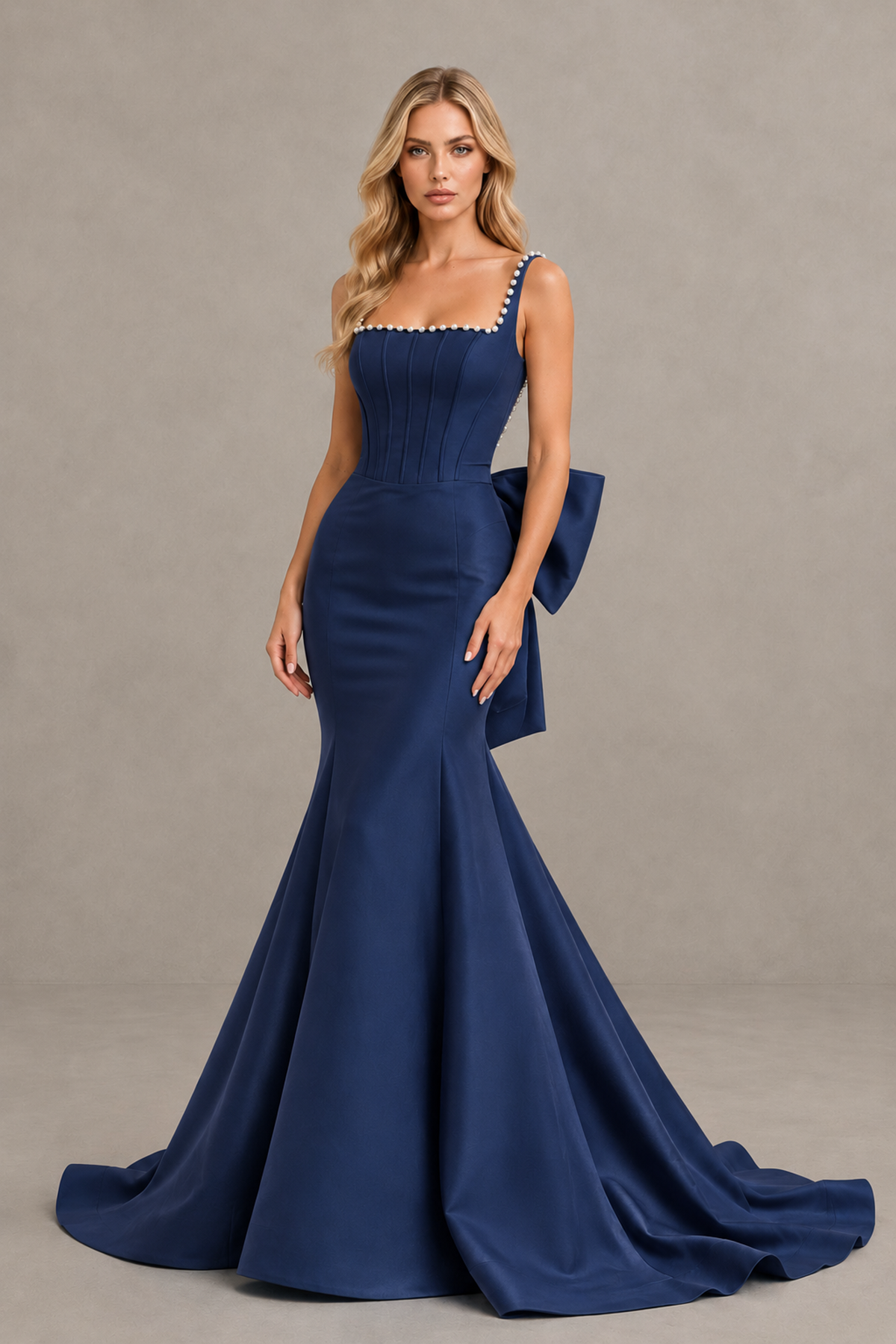 BOLODOO Navy Blue Pearl-Trim Mermaid Prom Dress with Back Bow - Navy Blue - Navy_Blue_1