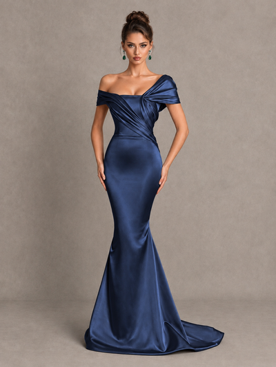 BOLODOO Navy Blue Off-Shoulder Satin Mermaid Prom Dress - Navy Blue - Navy Blue_1