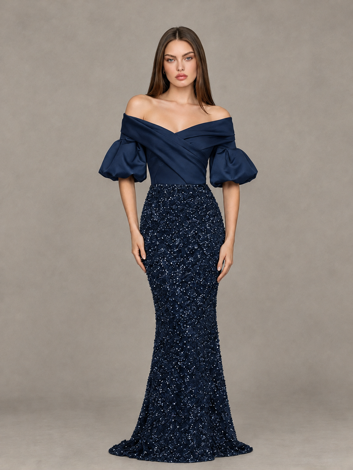 BOLODOO Navy Blue Off-Shoulder Puff Sleeve Sequin Mermaid Evening Dress - Navy Blue - Navy Blue_1