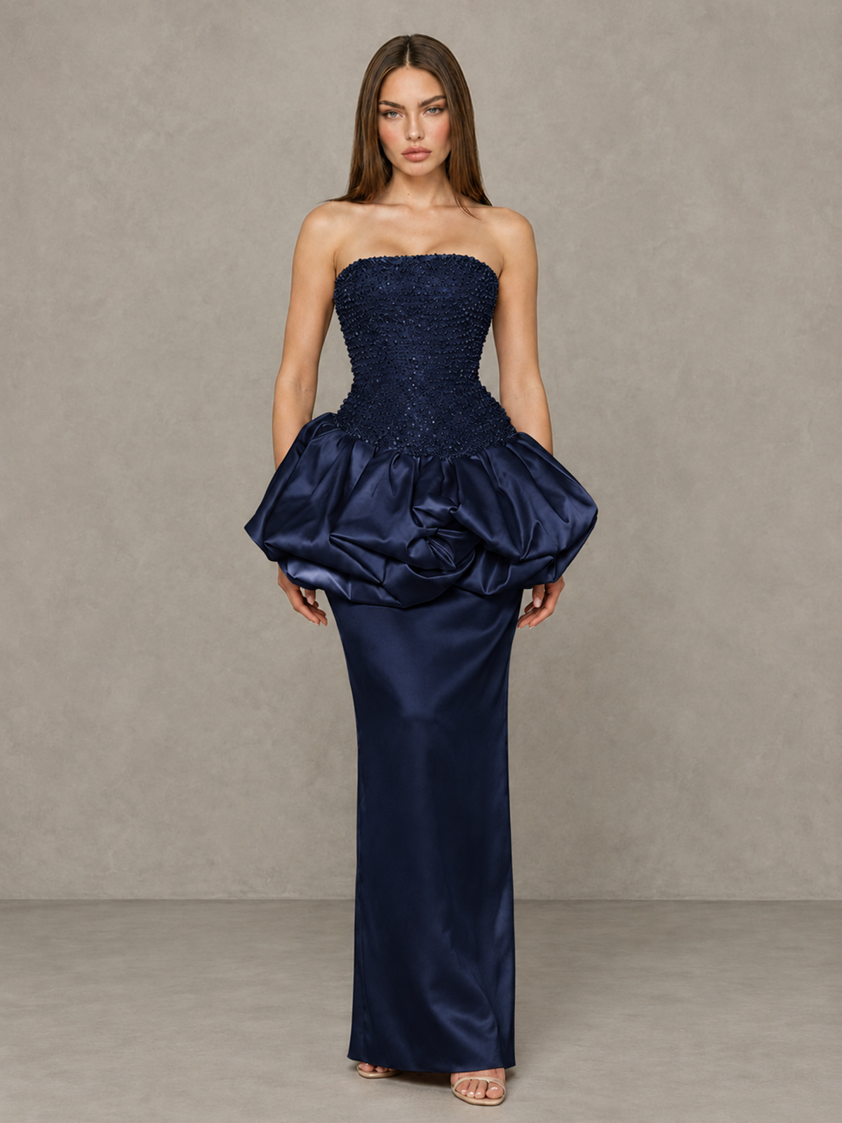 BOLODOO Navy Blue Strapless Embellished Bubble Peplum Evening Dress - Navy Blue - Navy Blue_1