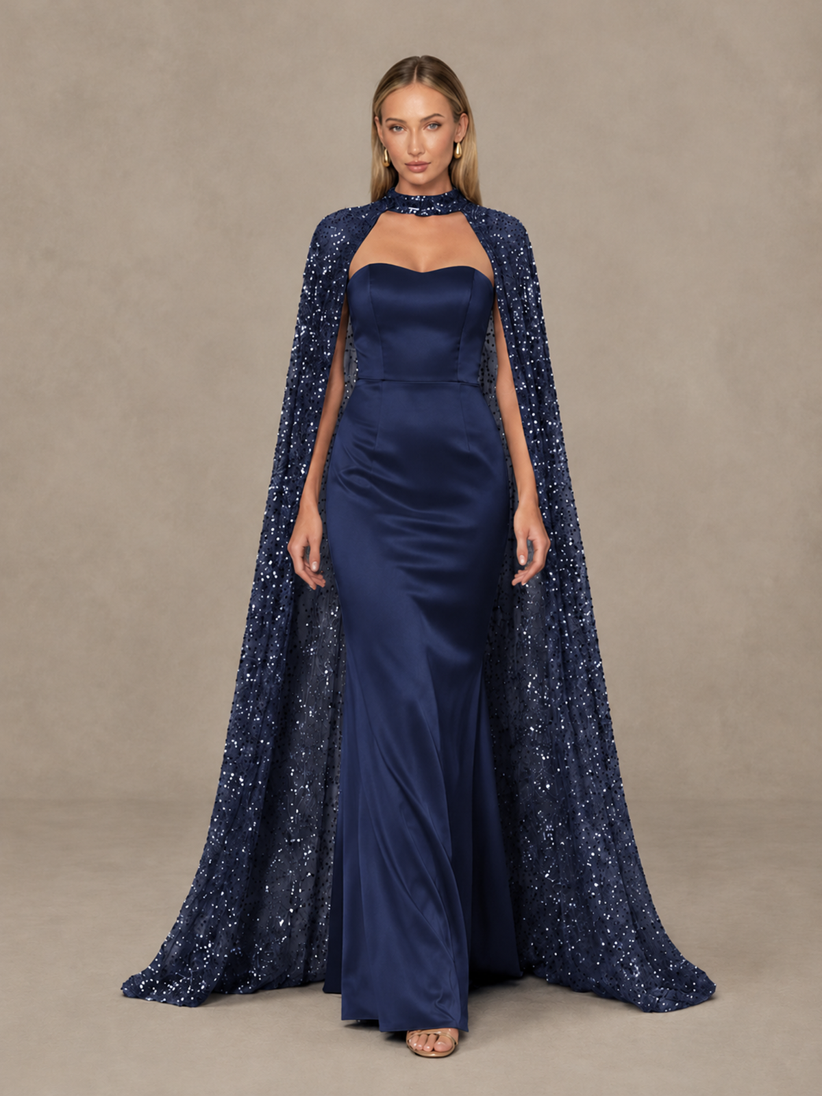 BOLODOO Navy Blue Strapless Satin-Look Evening Gown with Sequin Cape - Navy Blue - Navy_Blue_1