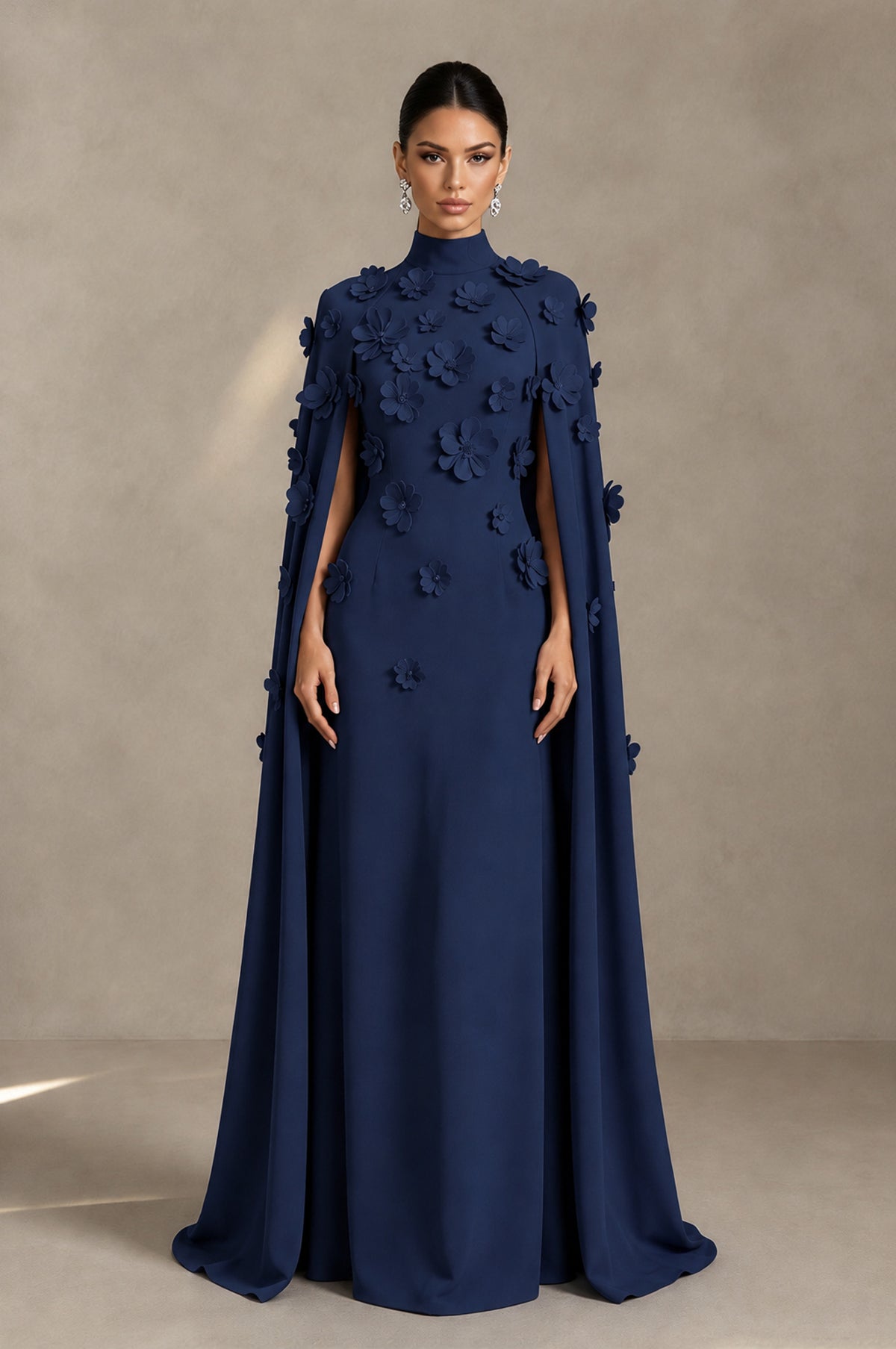 BOLODOO Navy Blue 3D Floral Applique Cape Formal Dress - Navy Blue - Navy Blue_1