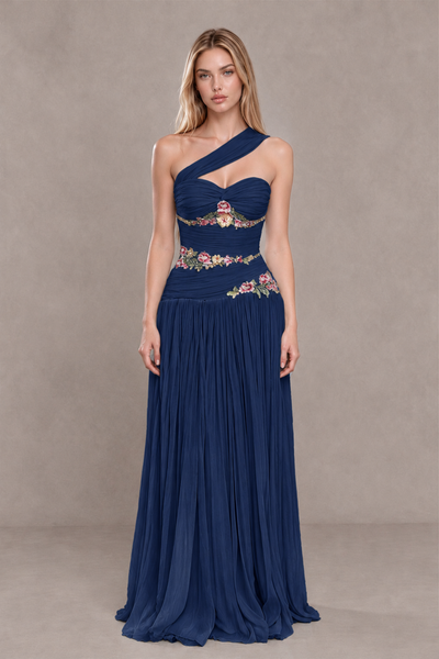 BOLODOO Navy Blue One-Shoulder Floral Applique A-Line Evening Dress - Navy Blue - Navy Blue_1
