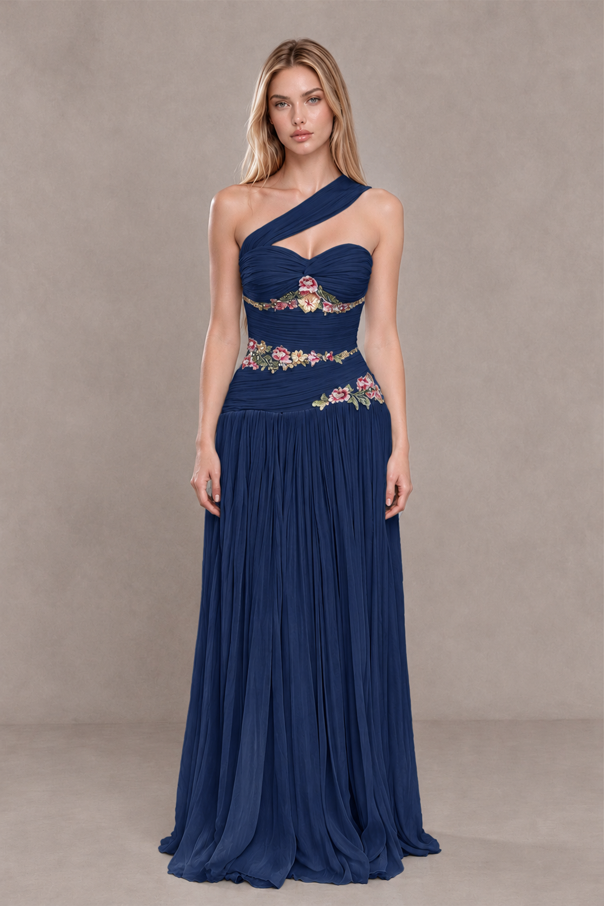 BOLODOO Navy Blue One-Shoulder Floral Applique A-Line Evening Dress - Navy Blue - Navy Blue_1