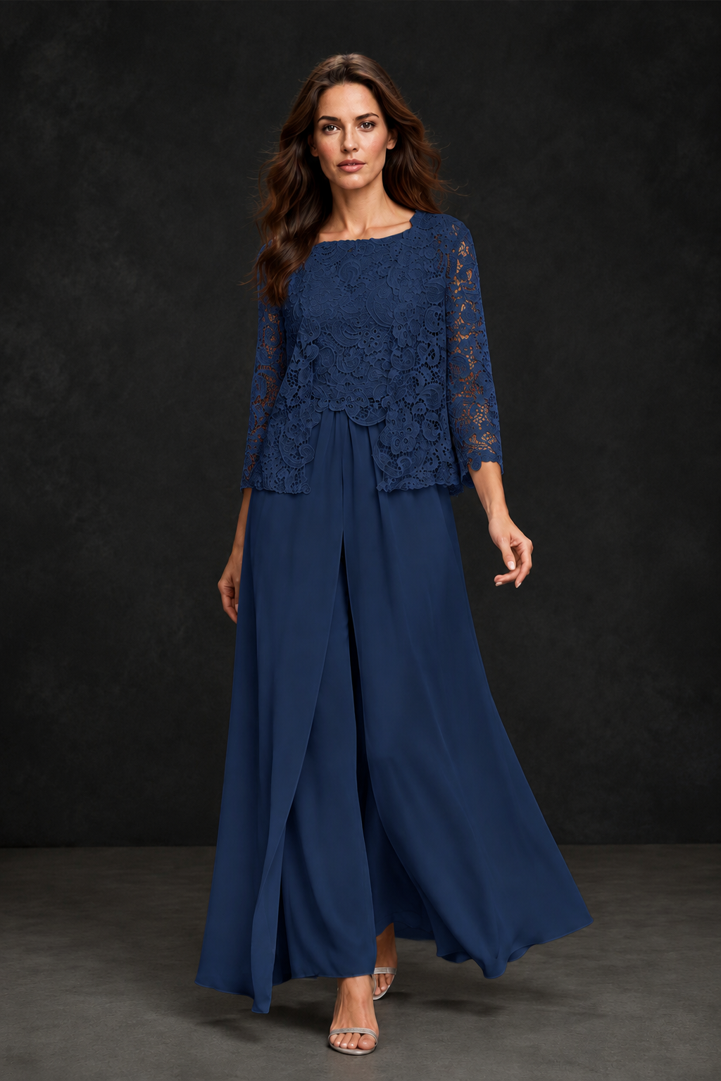 BOLODOO Navy Blue Grey Lace Peplum Top & Wide-Leg Chiffon Pants Set | Mother of the Bride & Formal Evening Outfit - Navy Blue