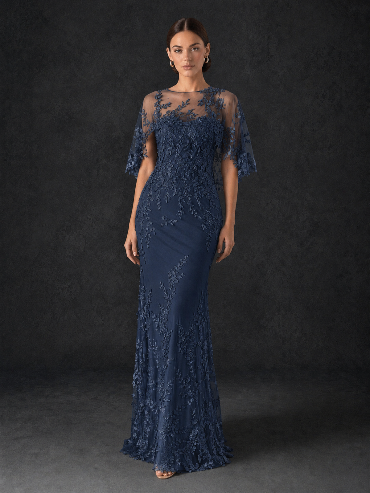 BOLODOO Mocha Navy Blue Botanical Lace Flutter Sleeve Mermaid Gown - Navy Blue