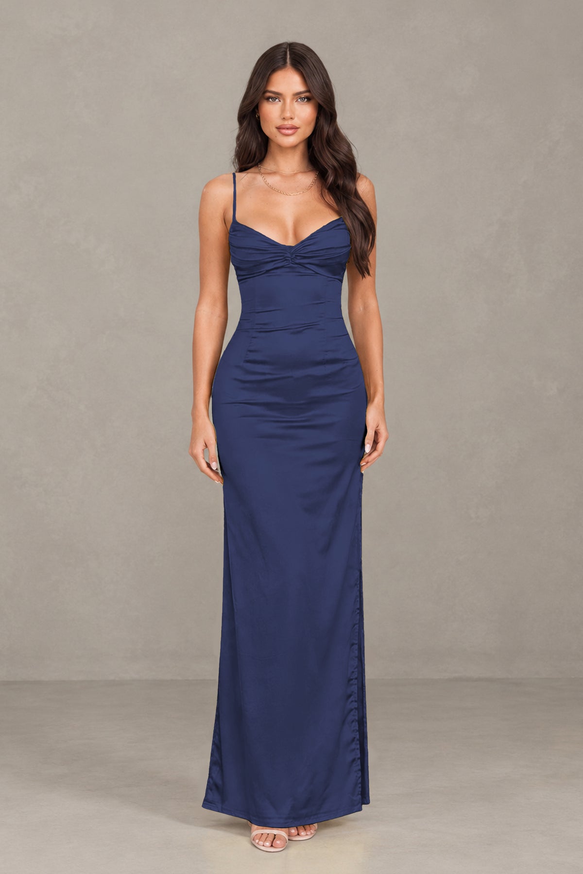 BOLODOO Navy Blue Satin Cowl Neck Open Back Mermaid Maxi Dress with Side Slit - Navy Blue