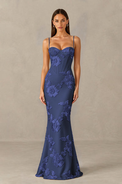 BOLODOO Navy Blue Floral Lace-Up Back Mermaid Maxi Dress - Navy Blue