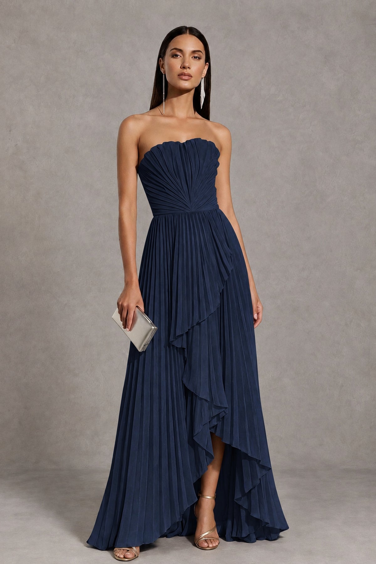 Navy Blue Strapless Pleated High-Low Evening Gown with Ruffle Hem - Navy Blue