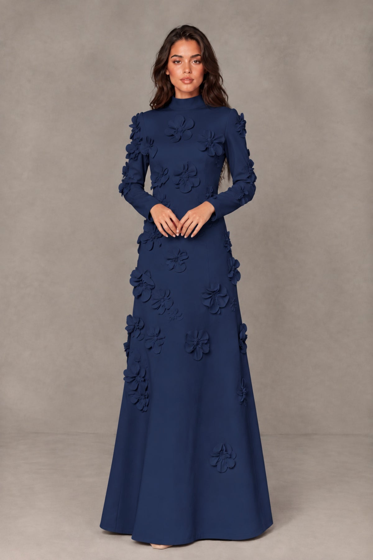 BOLODOO Navy Blue High Neck Long Sleeve 3D Floral Evening Gown - Navy Blue