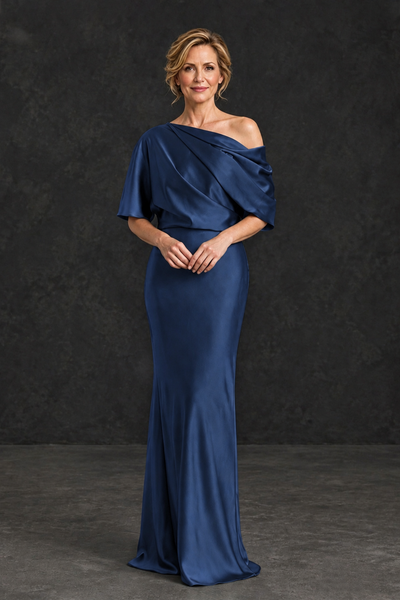 BOLODOO Navy Blue Satin Asymmetric Mother of the Bride Dress - Navy Blue - Navy Blue_1