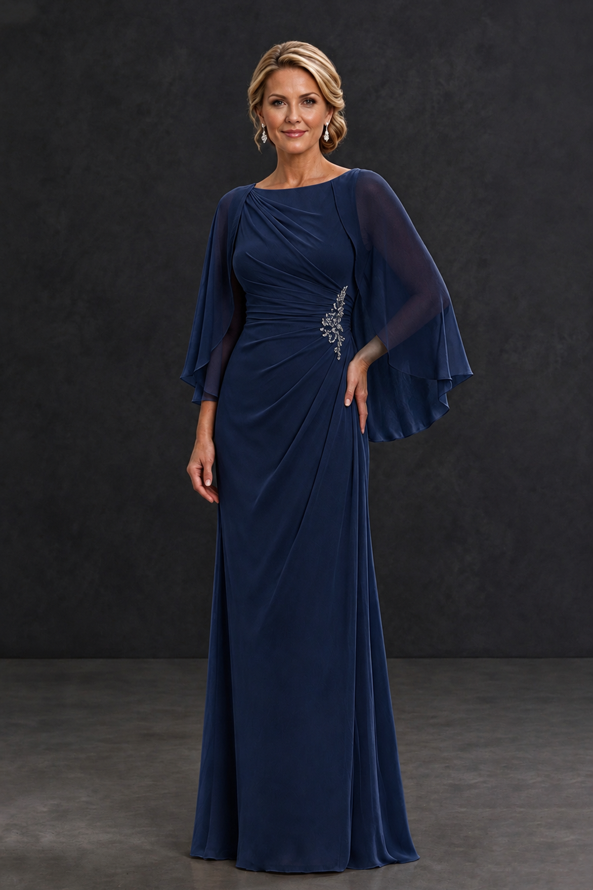 BOLODOO Navy Blue Cape Sleeve Mother of the Bride Dress with Ruched Waist - Navy Blue - Navy Blue_1