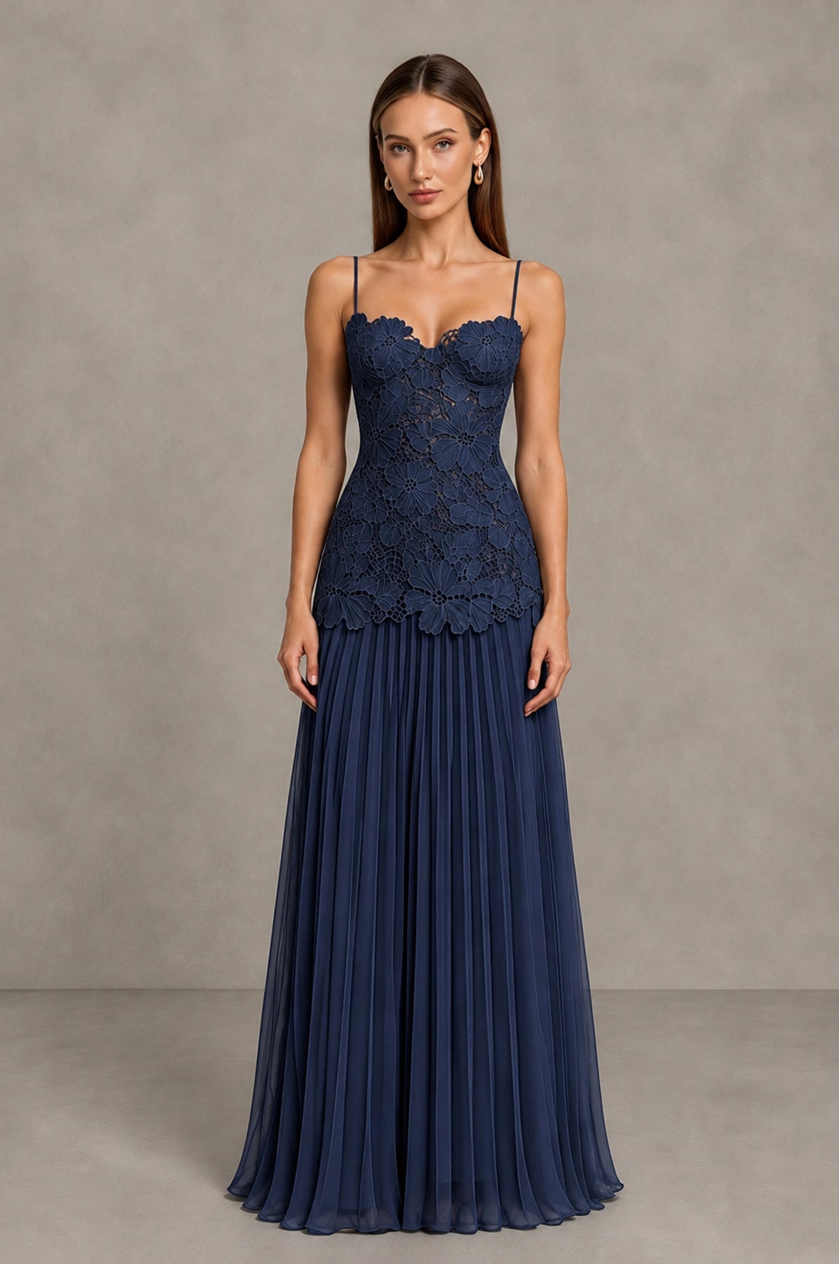 BOLODOO Navy Blue Lace Bodice Pleated Wedding Guest Dress - Navy Blue - Navy Blue_1