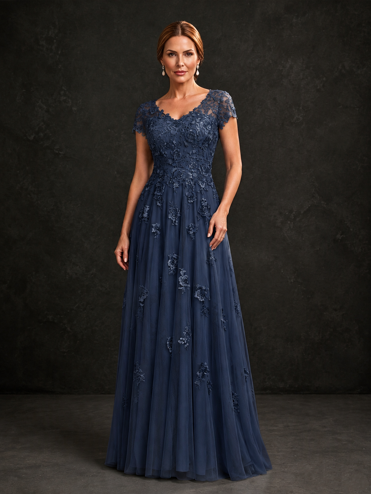 BOLODOO Navy Blue Cap Sleeve Lace Appliqué A-Line Formal Gown | Mother of the Bride Dress - Navy Blue - Navy Blue_1