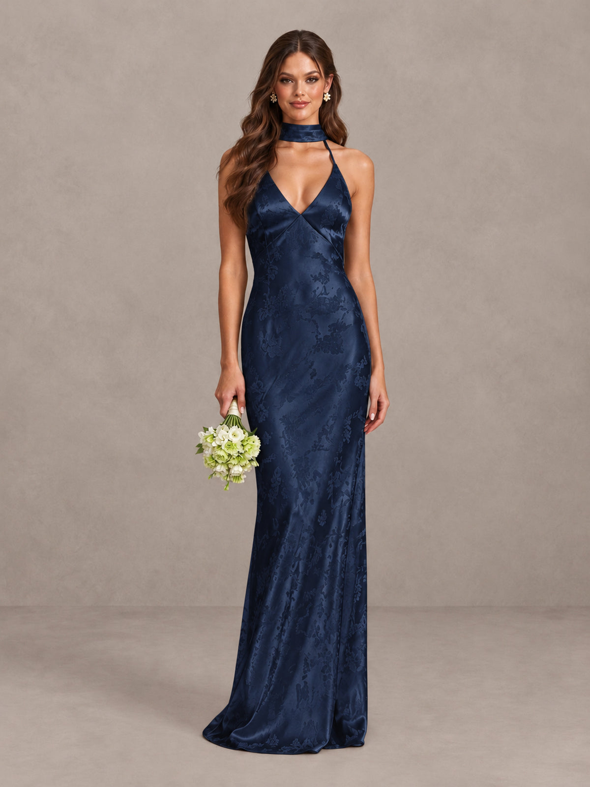 BOLODOO Navy Blue Floral Satin Open-Back Bridesmaid Dress - Navy Blue - Navy Blue_1