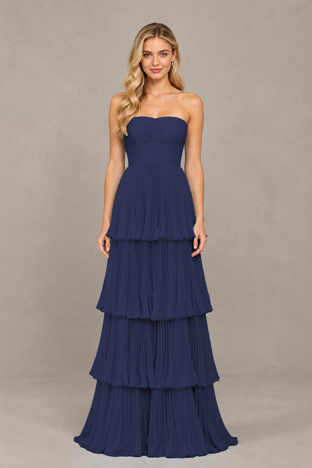 BOLODOO Navy Blue Strapless Tiered Chiffon Maxi Dress - Navy Blue