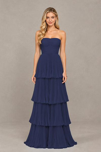 BOLODOO Navy Blue Strapless Tiered Chiffon Maxi Dress - Navy Blue