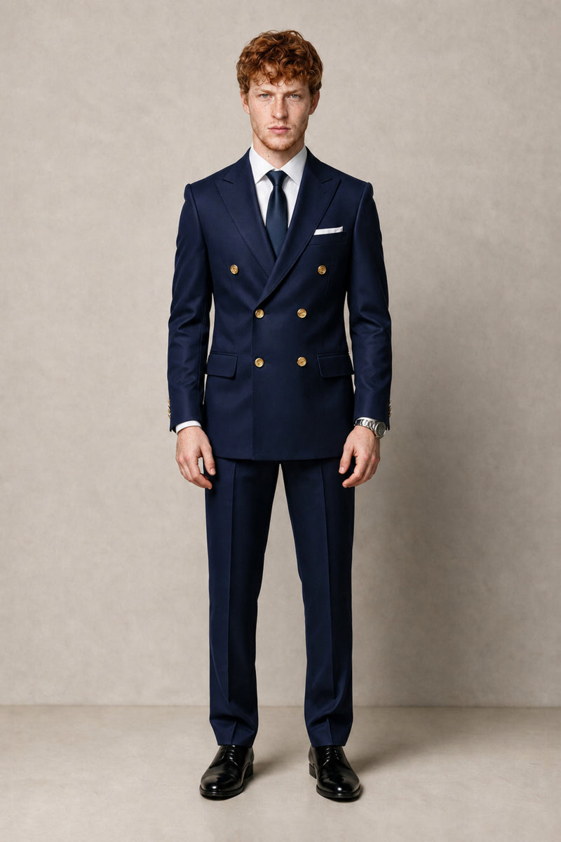 BOLODOO Men's Navy Blue Double-Breasted 2-Piece Suit | Navy Blue Button Peak Lapel Blazer & Trousers - Navy Blue